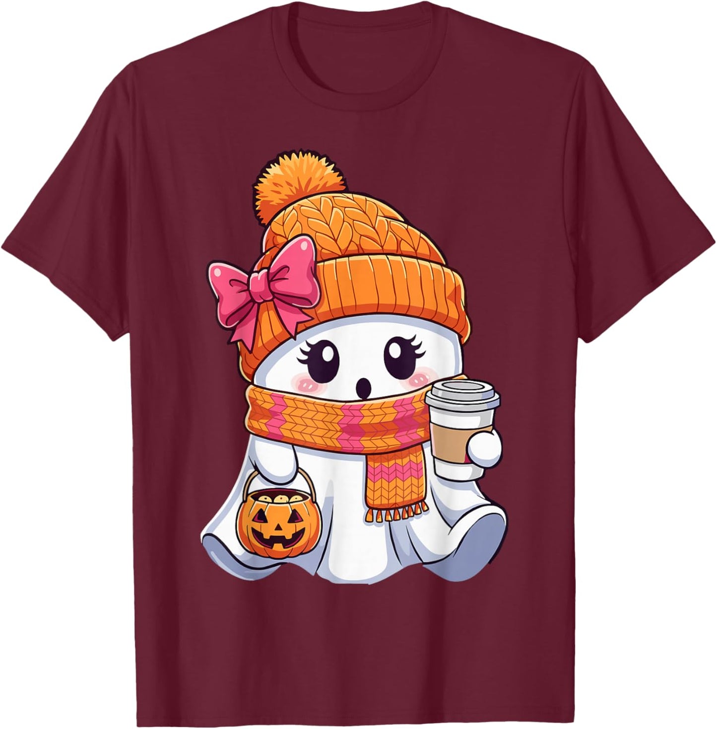 Cute Halloween Ghost Coffee Autumn Pumpkin T-Shirt - T-Shirt | Maroon