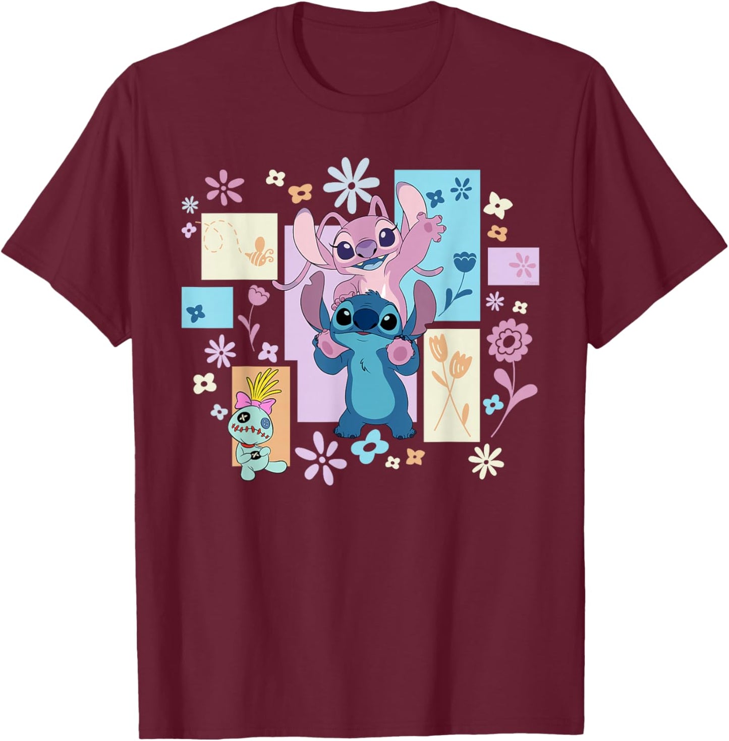 Disney Stitch & Angel Spring Easter Friendly Flower Faces T-Shirt - T-Shirt | Maroon