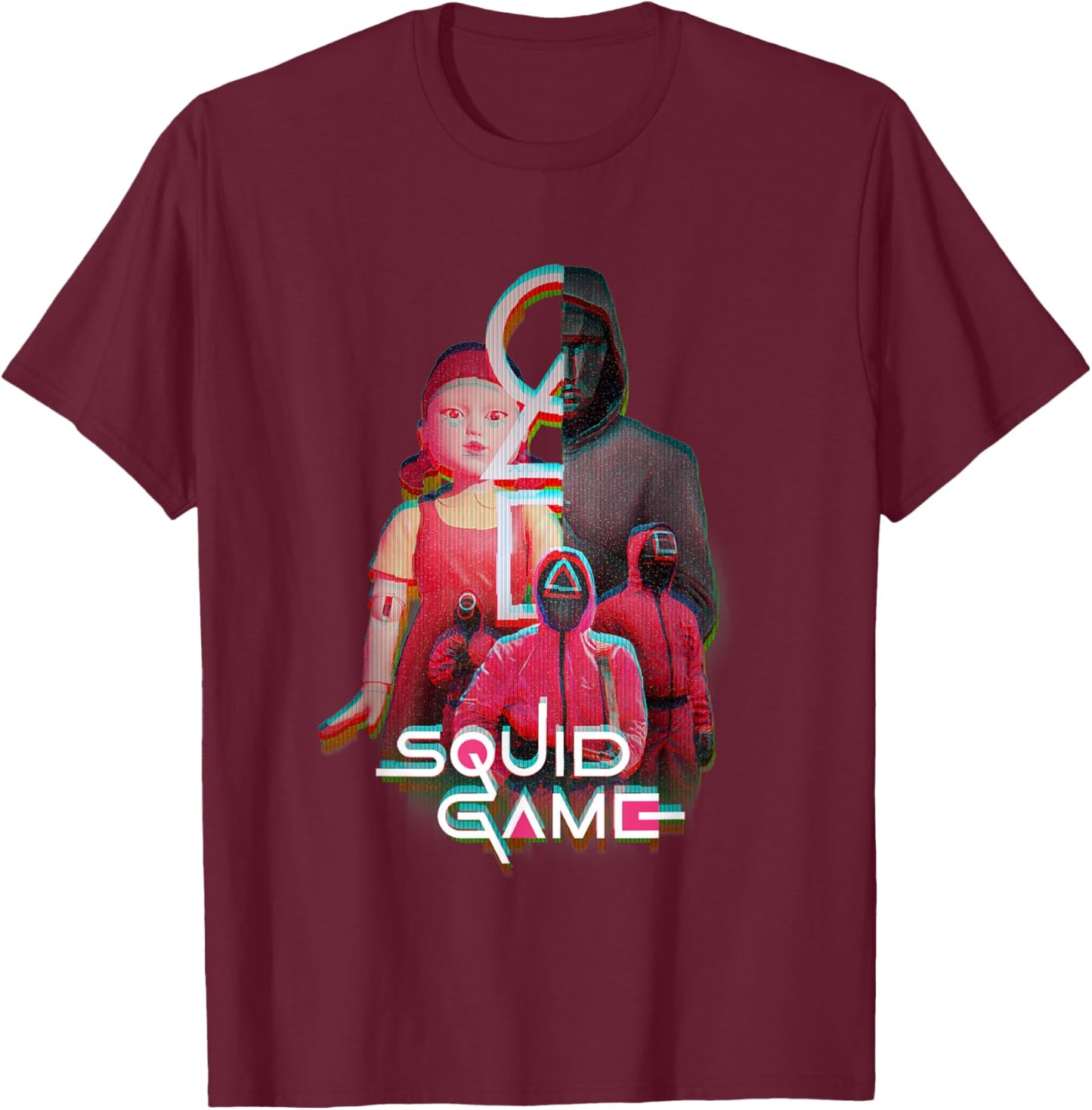 Squid Game 2 Front Man Split Face Glitch Logo T-Shirt - T-Shirt | Maroon