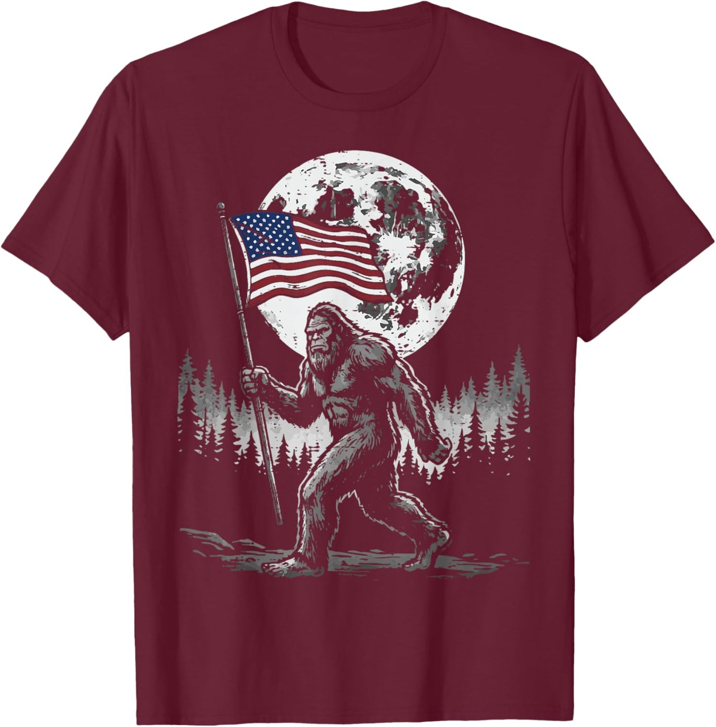 4th of July Bigfoot USA Flag Moon Sasquatch Men Women Kids T-Shirt - T-Shirt | Maroon