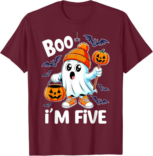 Boo I'm Five Ghost 5th Birthday Halloween Boy Kids Groovy T-Shirt - T-Shirt | Maroon