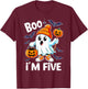 Boo I'm Five Ghost 5th Birthday Halloween Boy Kids Groovy T-Shirt - T-Shirt | Maroon