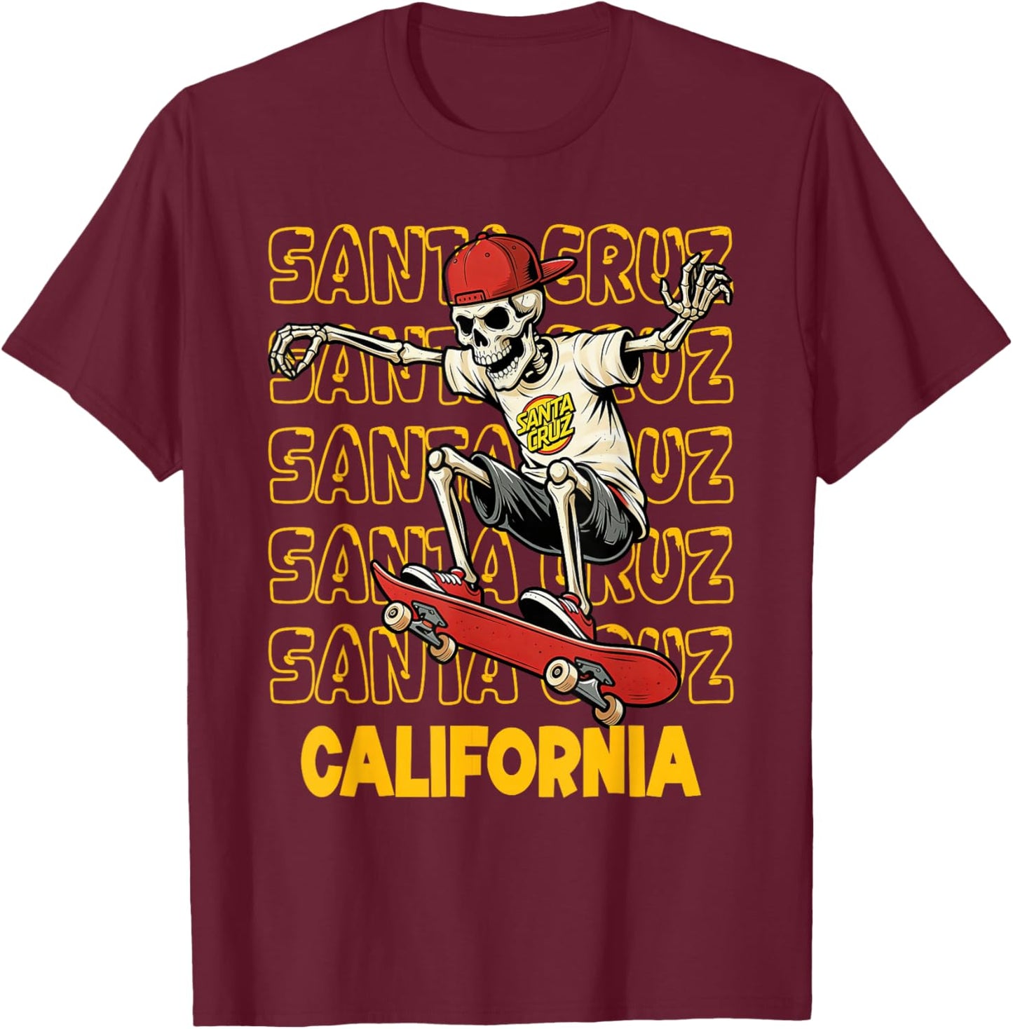 Vintage Skeleton Skateboard Santa Cruz California Streetwear T-Shirt - T-Shirt | Maroon