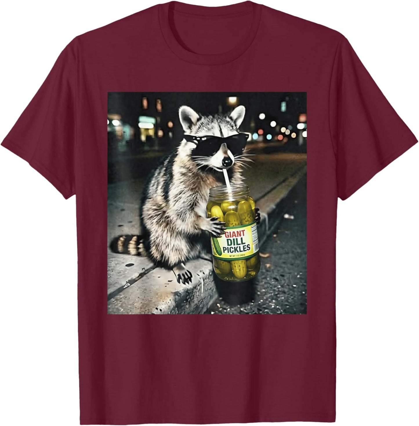 Raccoon Drinking Pickles Funny Urban Animal Sunglasses T-Shirt - T-Shirt | Maroon
