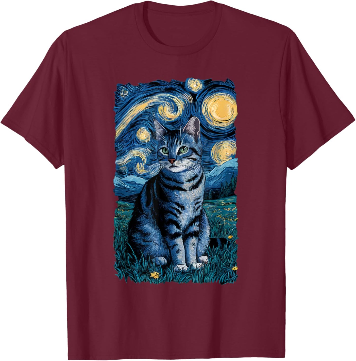 Van Gogh Cat Gifts Tabby Cat Owners Cat Lady Black Men Cat T-Shirt - T-Shirt | Maroon