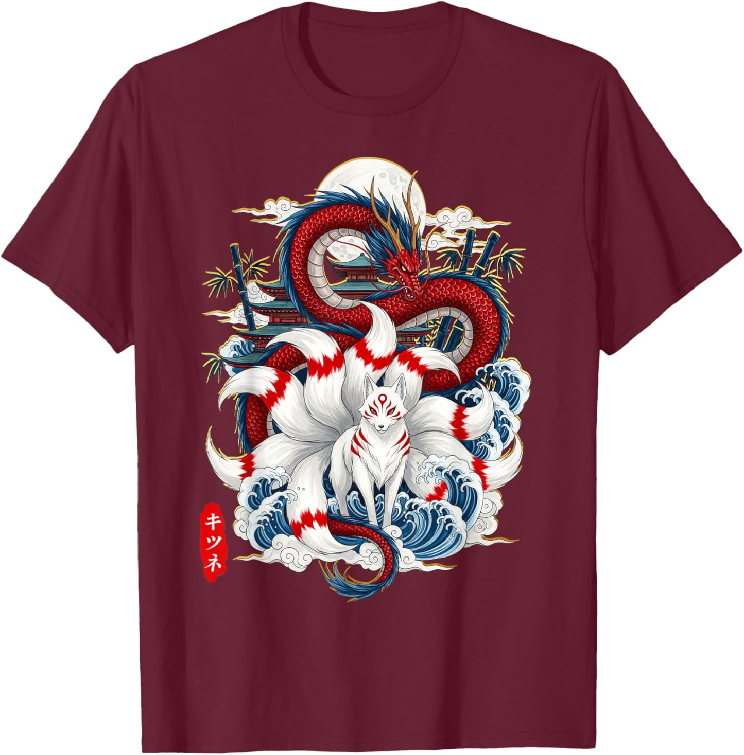 Kitsune Nine-Tailed Fox and Dragon Temple Japanese Moon T-Shirt - T-Shirt | Maroon