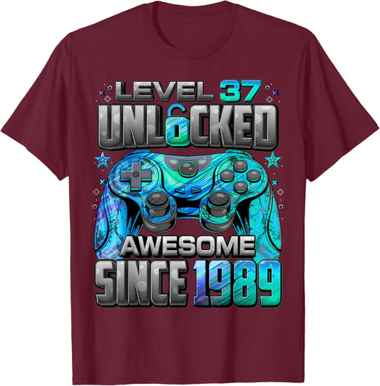 Level 37 Unlocked Awesome Since 1989 37th Birthday Gaming T-Shirt - T-Shirt | Maroon