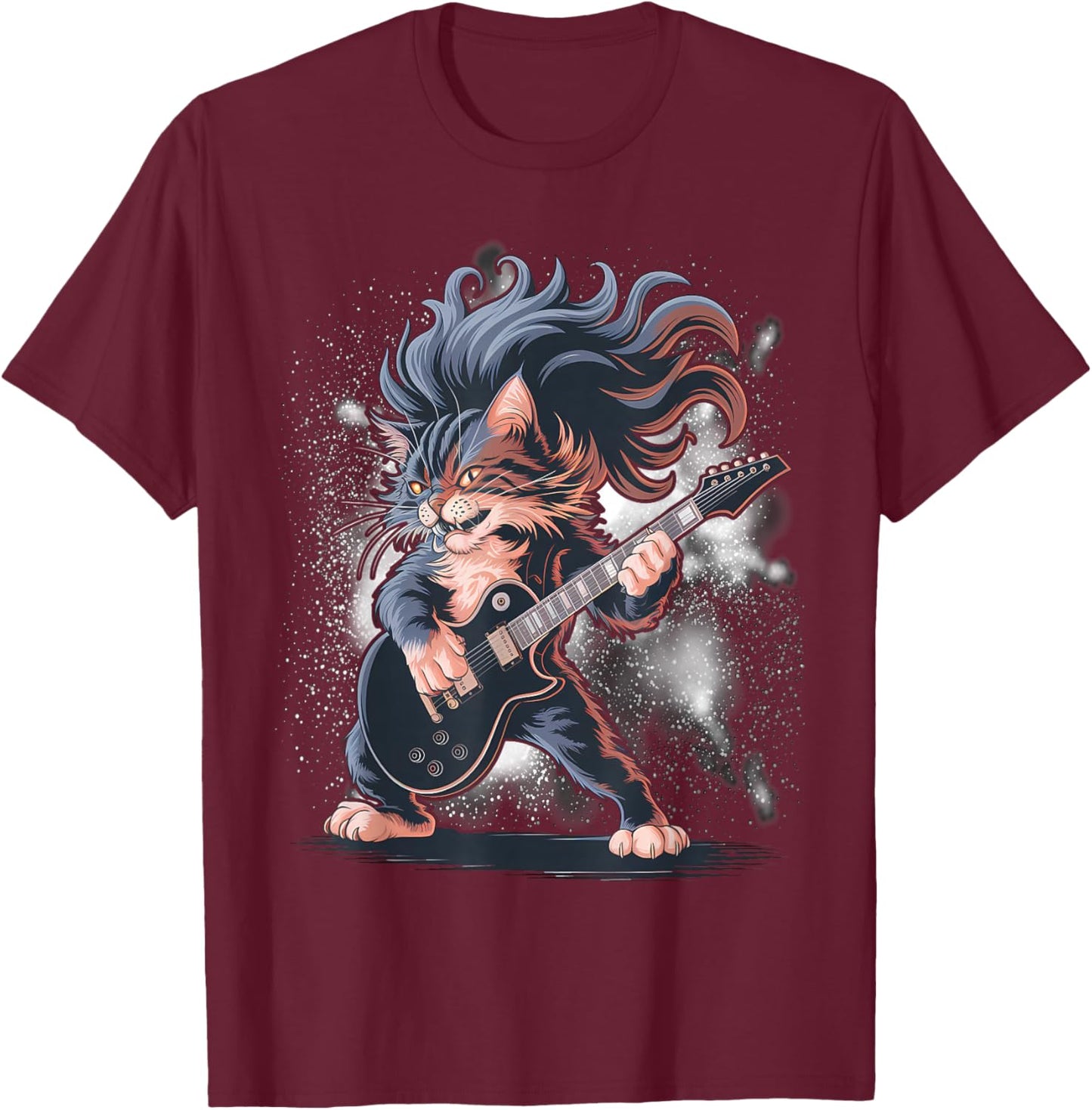 Rock and Roll Cat Playing Guitar T-Shirt - T-Shirt | Maroon