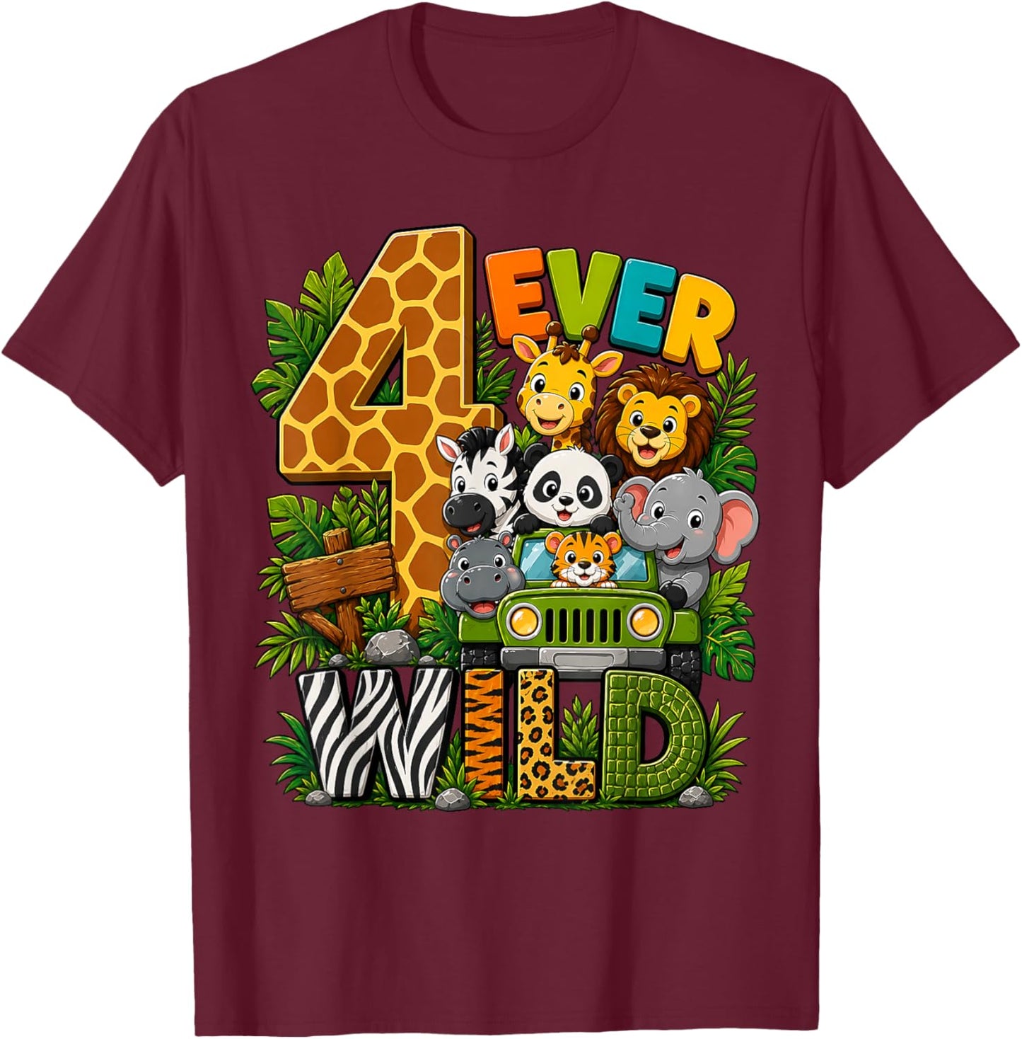 Kids Four Ever Wild 4th Birthday Safari Jungle Animal Party T-Shirt - T-Shirt | Maroon