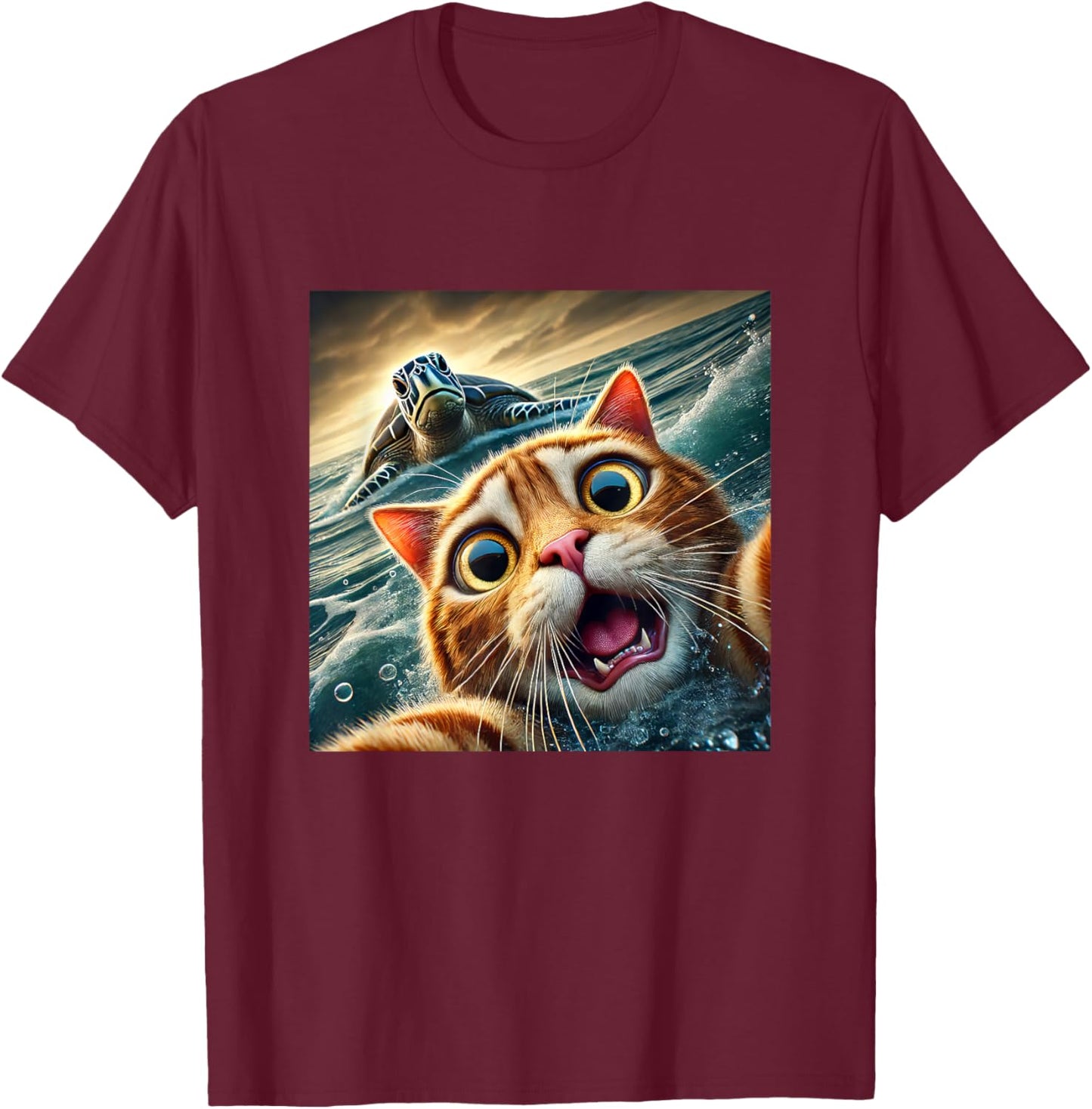 Funny Cat Taking Selfie With Sea Turtle T-Shirt - T-Shirt | Maroon