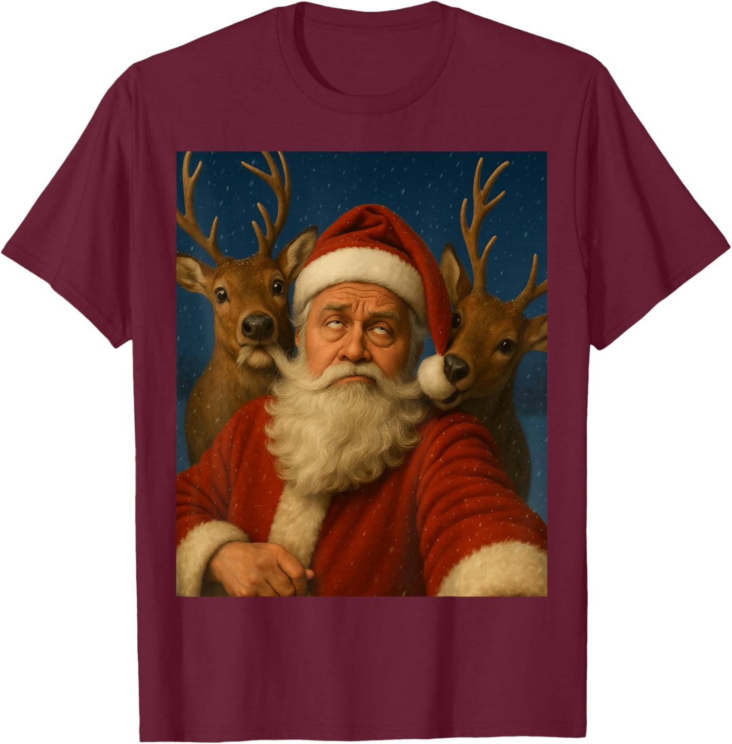 Santa Selfie with Reindeer Men Women Kids Funny Christmas T-Shirt - T-Shirt | Maroon