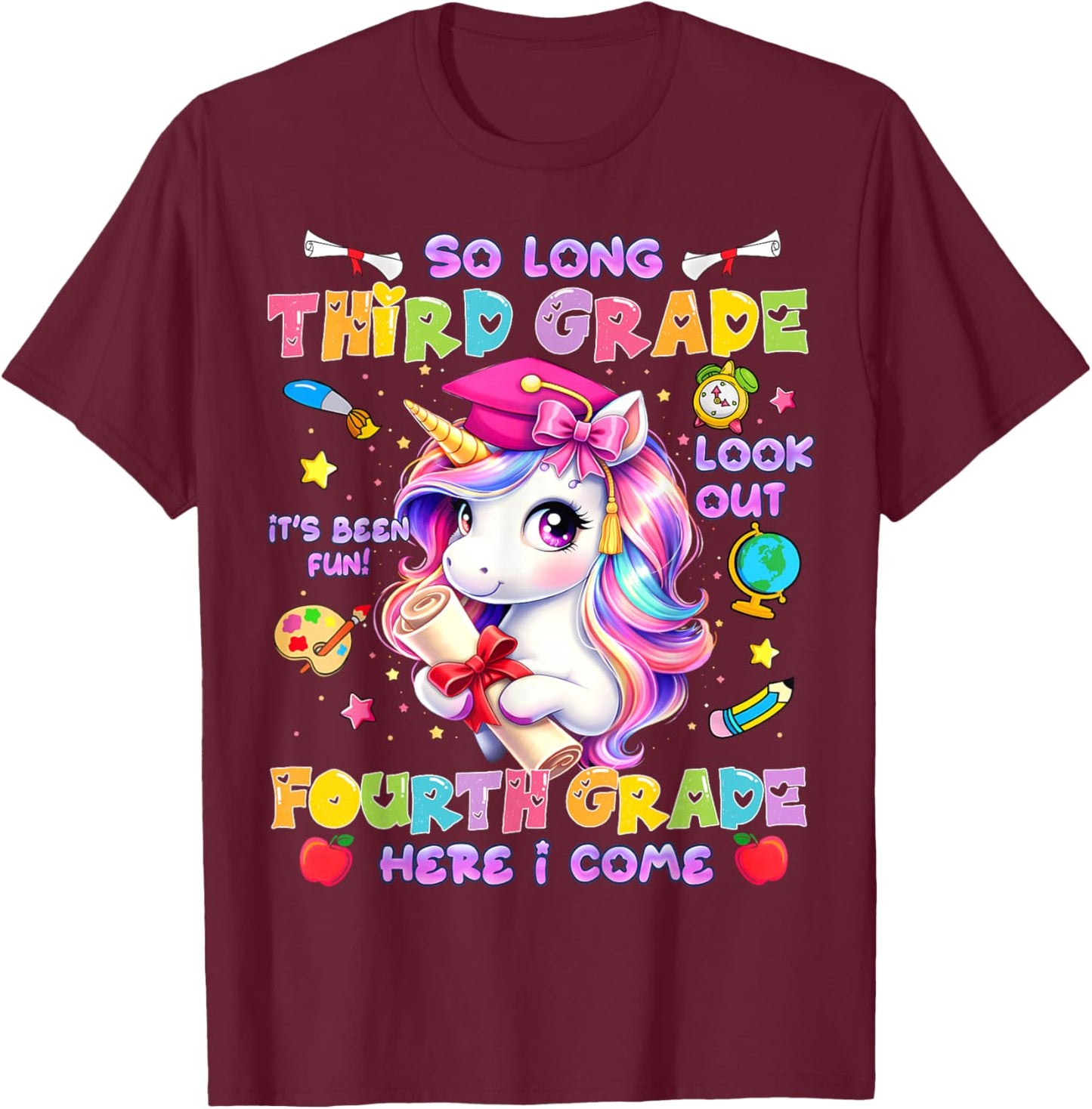 So Long 3rd Grade Look Out 4th Grade Unicorn Last Day School T-Shirt - T-Shirt | Maroon