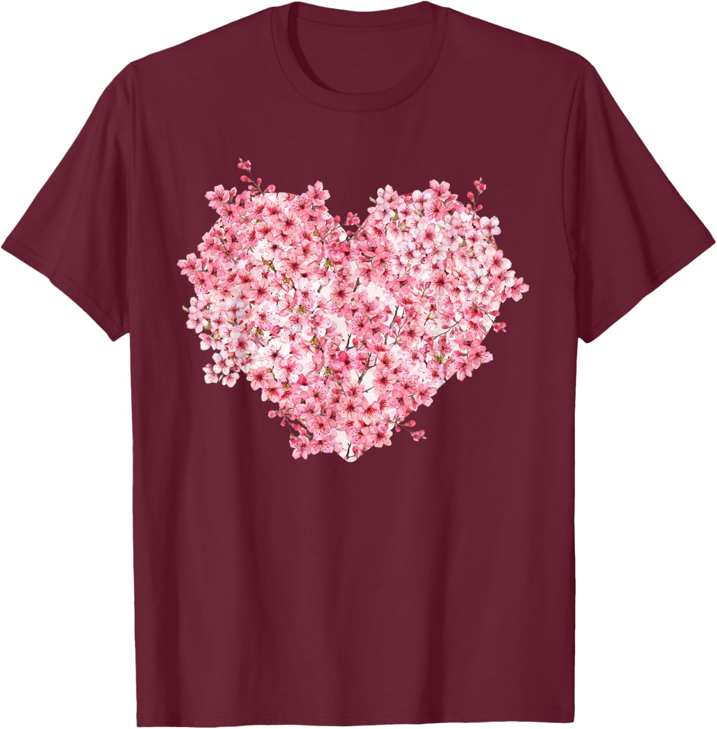 Cool Japanese Sakura Cherry Blossom Floral Heart Graphic T-Shirt - T-Shirt | Maroon