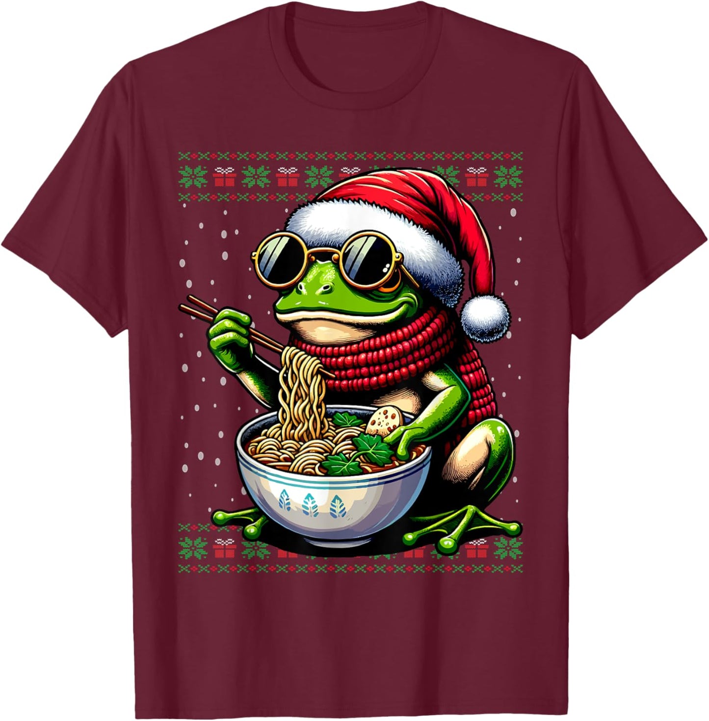 Christmas Frog Eating Ramen Ugly Christmas Sweater T-Shirt - T-Shirt | Maroon