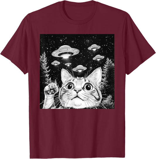 Cat Selfie With Alien UFO Funny Cat T-Shirt - T-Shirt | Maroon