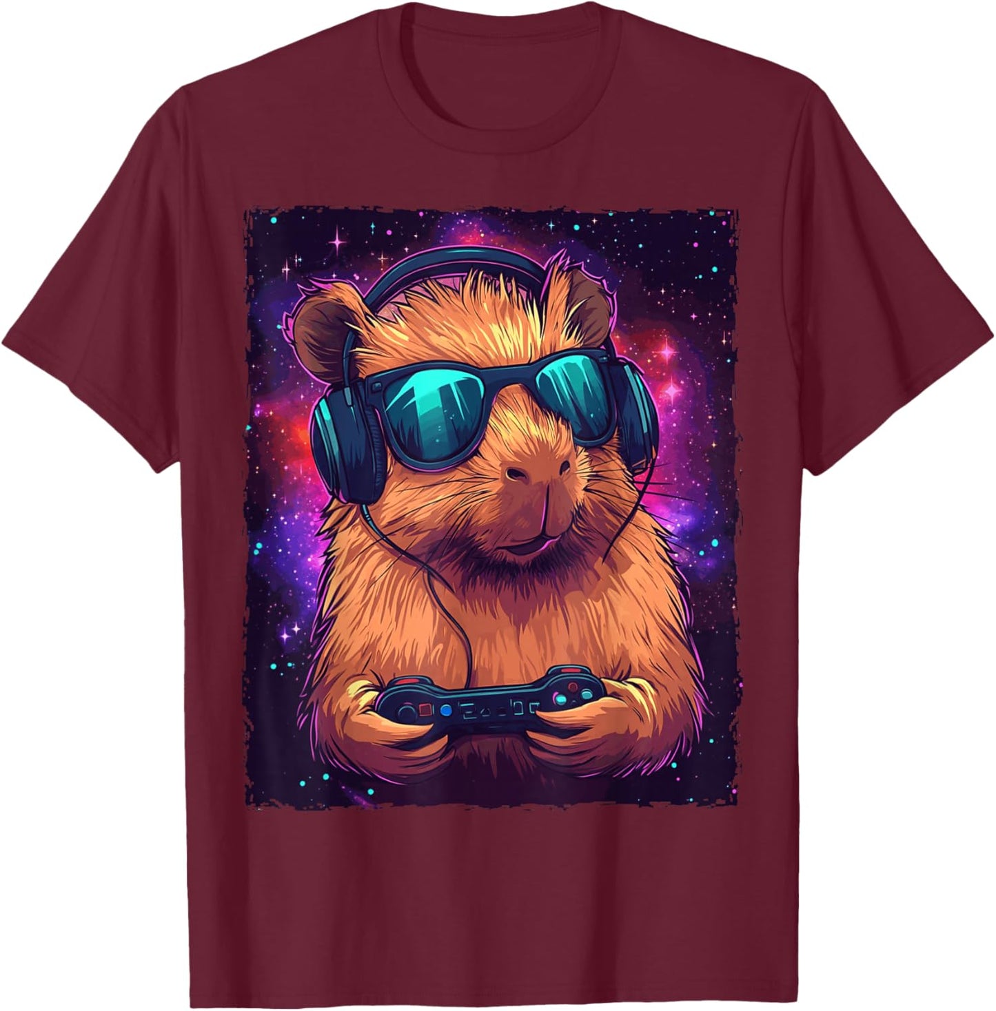 Funny - Capybara Video Games - , Black, Small, Short Sleeve, , Modern, Cartoon, Fun, All Seasons T-Shirt - T-Shirt | Maroon
