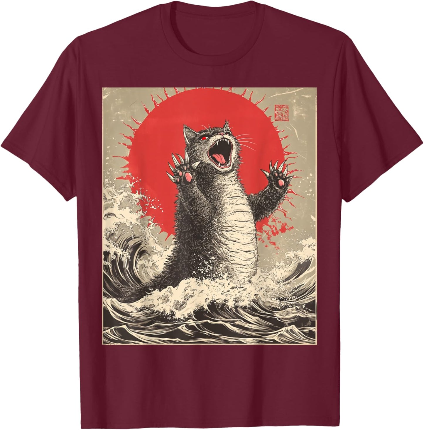 Funny Cat Lover Graphic Art Cute Catzilla Cat Japanese Art Funny Cat T-Shirt - T-Shirt | Maroon