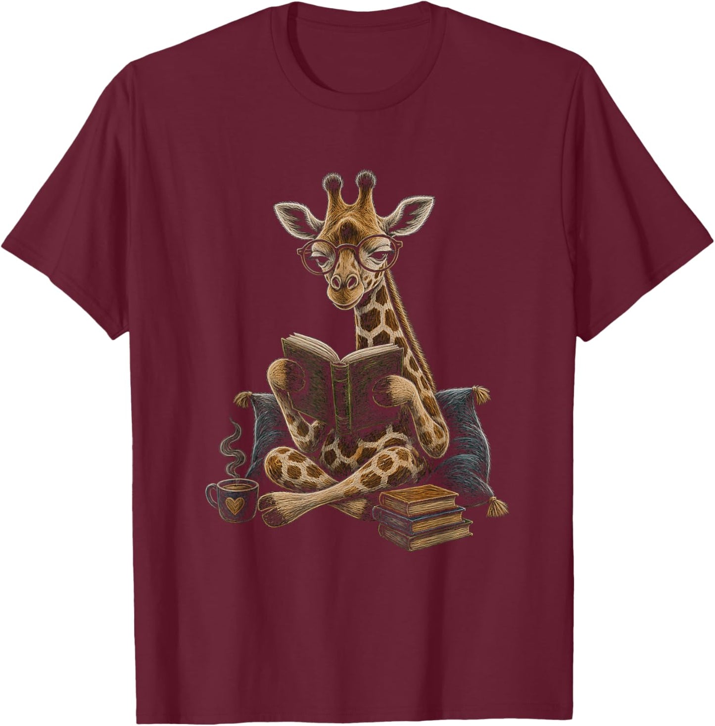 Giraffe Reading Book Graphic Artwork Design T-Shirt - T-Shirt | Maroon