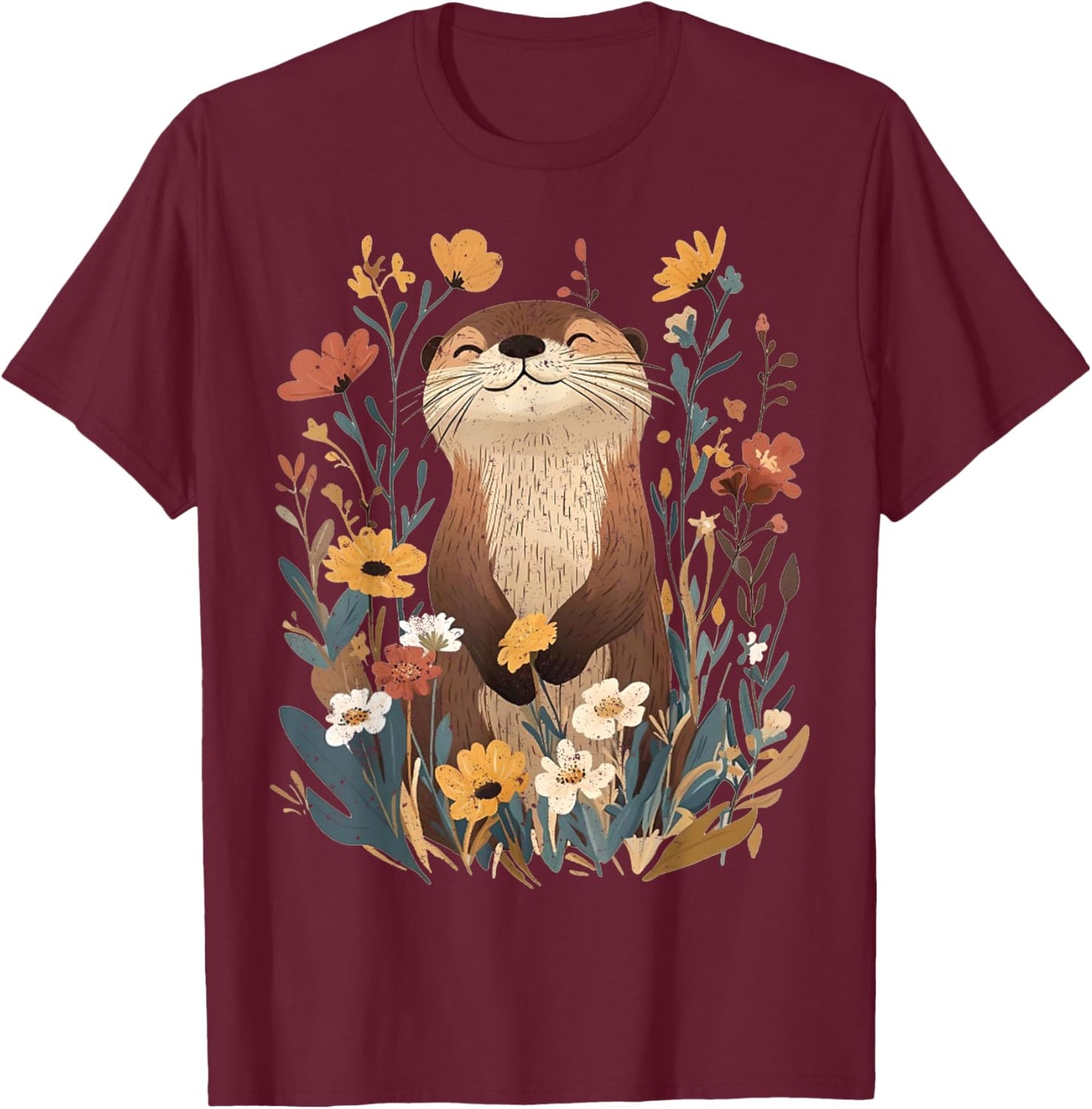 Aesthetic Goblincore Wildflower Art Floral Sea Otters Lover T-Shirt - T-Shirt | Maroon