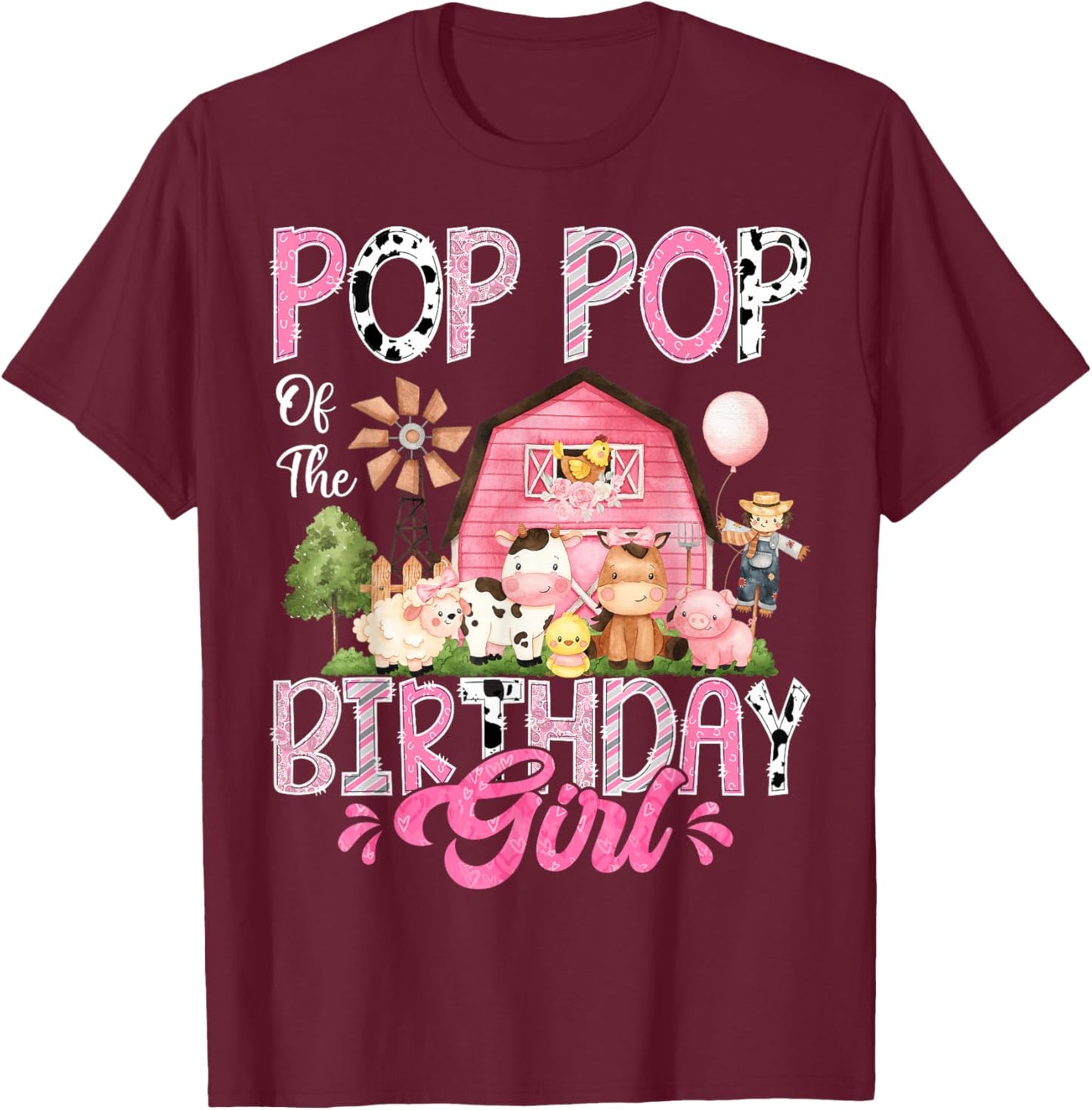 Pop Pop Of The Birthday Girl Pink Farm Cow First Birthday T-Shirt - T-Shirt | Maroon