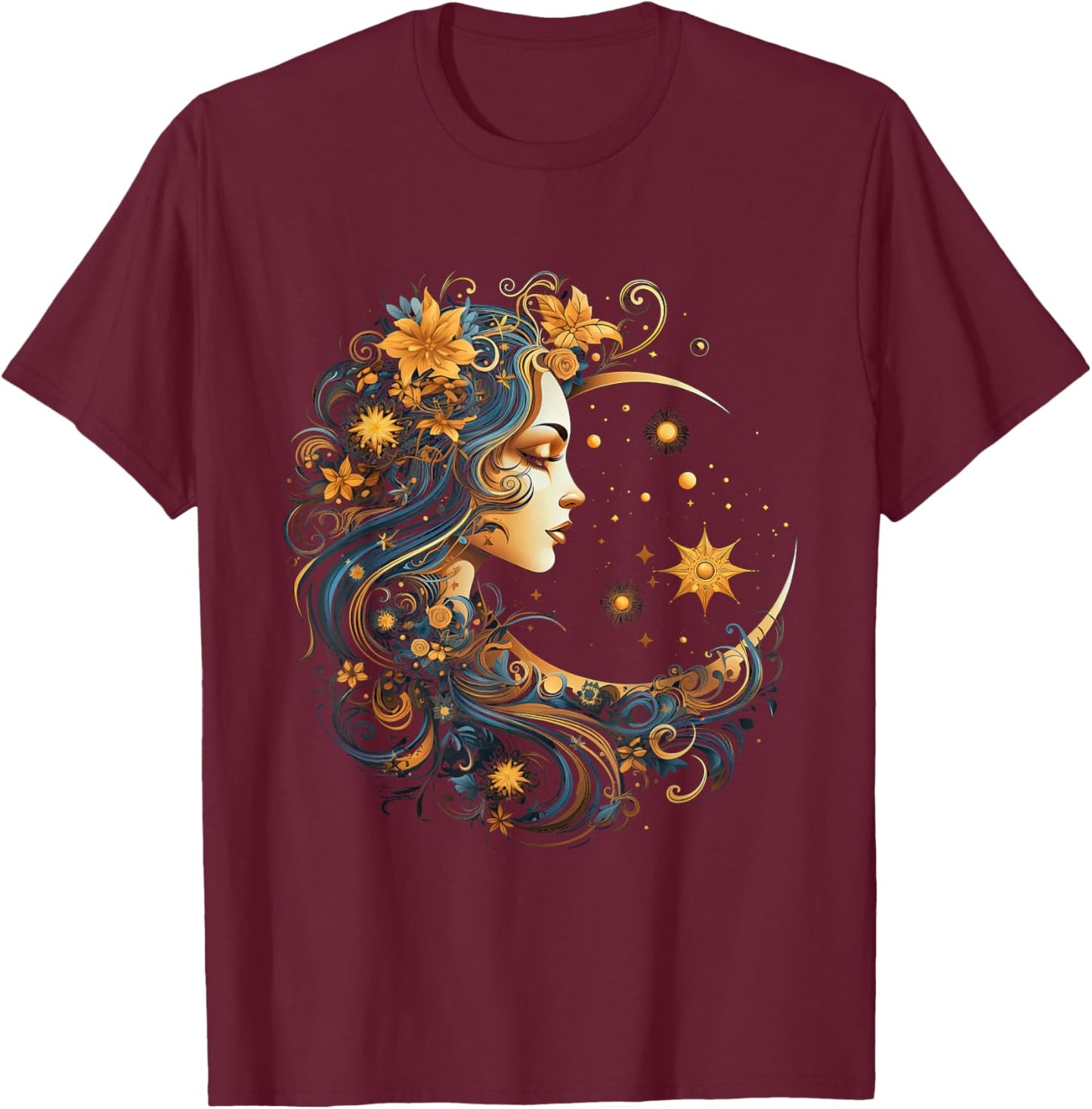 Mystic Sun and Moon Woman Mystical Flowers Aesthetic T-Shirt - T-Shirt | Maroon