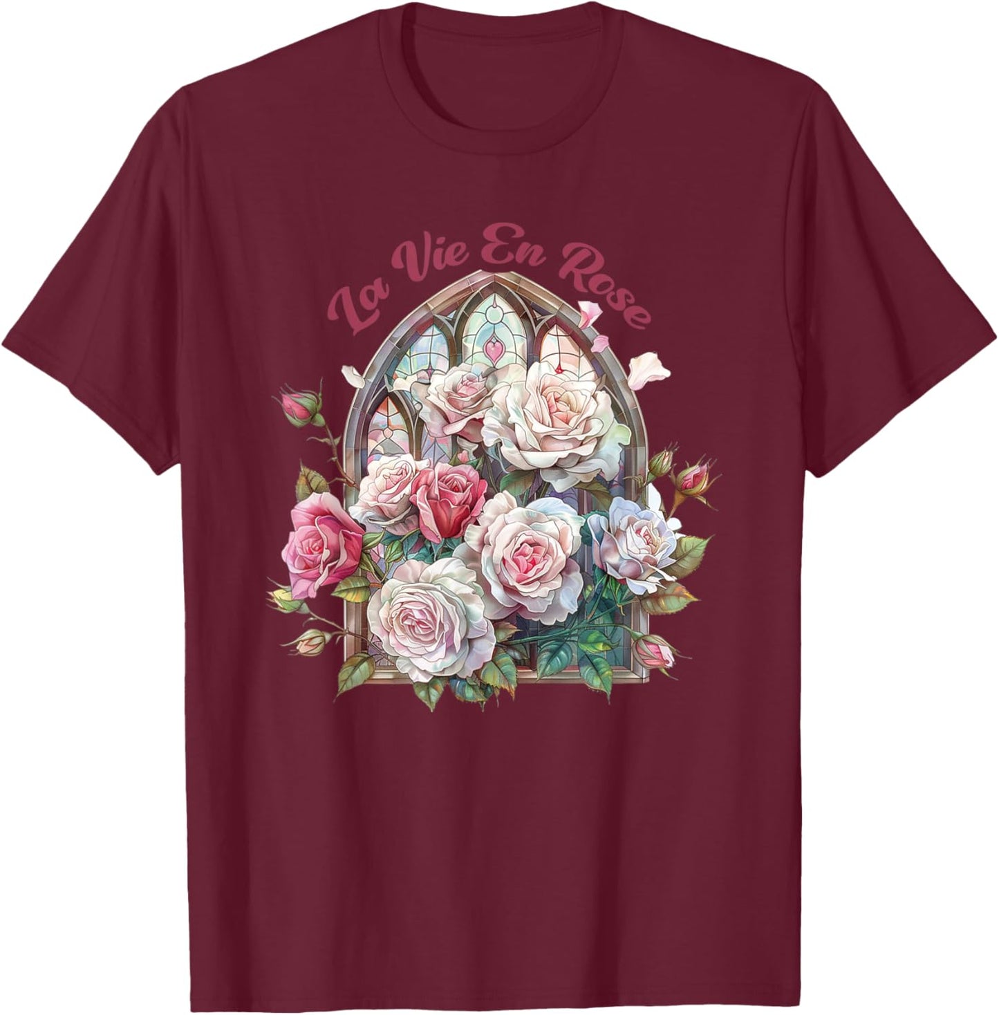 La Vie En Rose, Roses & Stained glass window, Vintage Rose T-Shirt - T-Shirt | Maroon