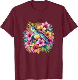 Sea Turtle Hawaiian Flowers Hawaii T-Shirt - T-Shirt | Maroon