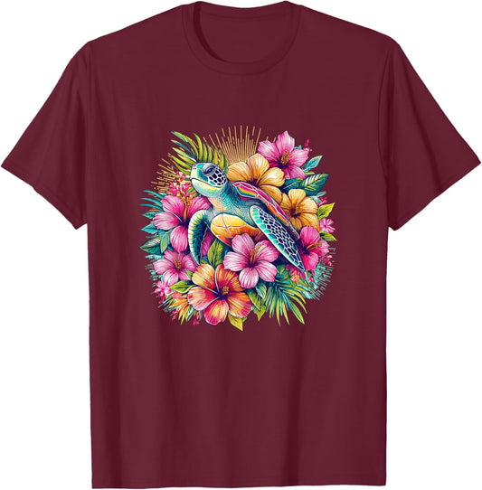 Sea Turtle Hawaiian Flowers Hawaii T-Shirt - T-Shirt | Maroon