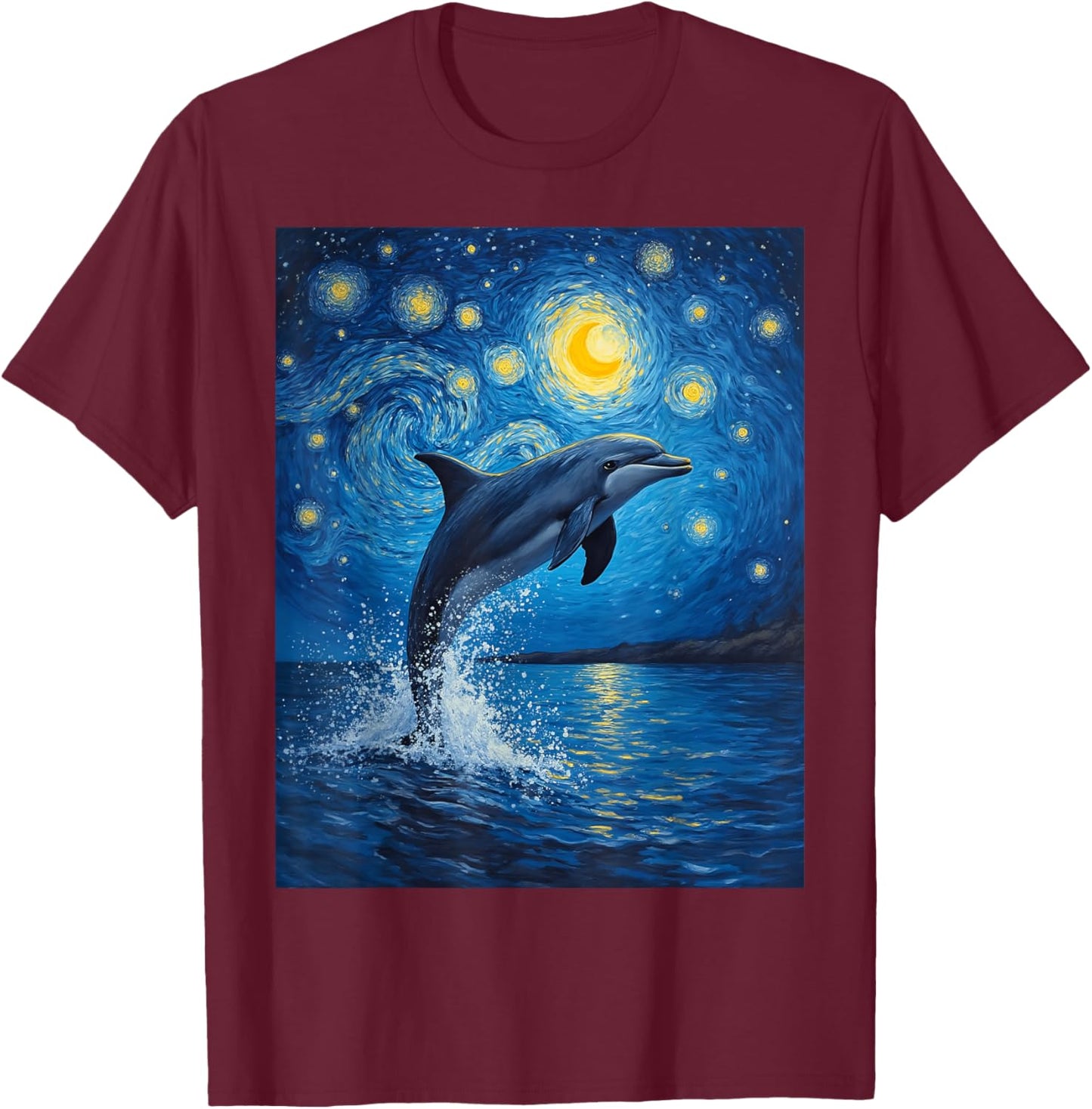 Van Gogh's Starry Night Bottlenose Dolphin Flipper Lovers T-Shirt - T-Shirt | Maroon