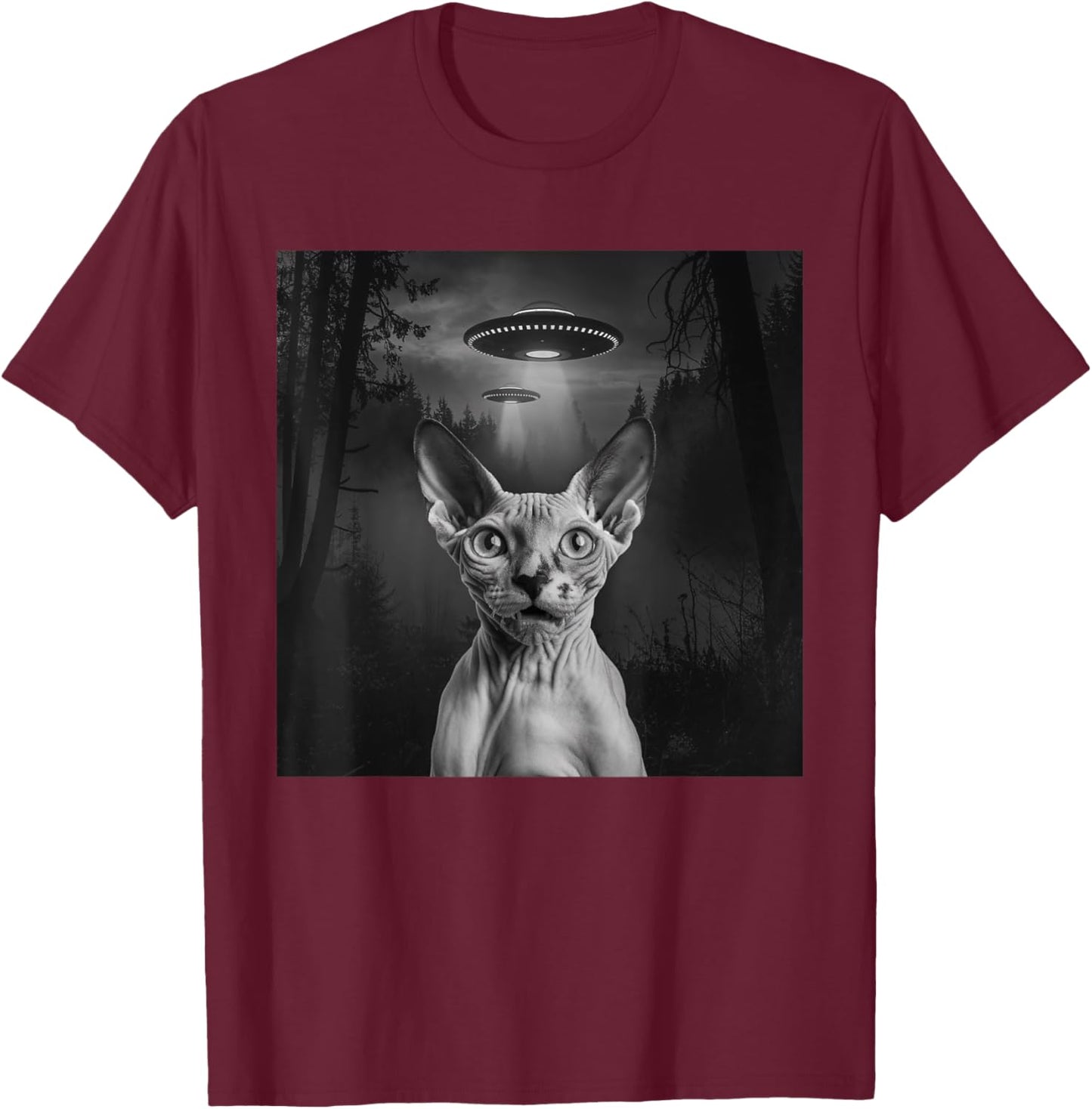 Sphynx Cat Selfie With Alien UFO Funny Cat Outfit T-Shirt - T-Shirt | Maroon