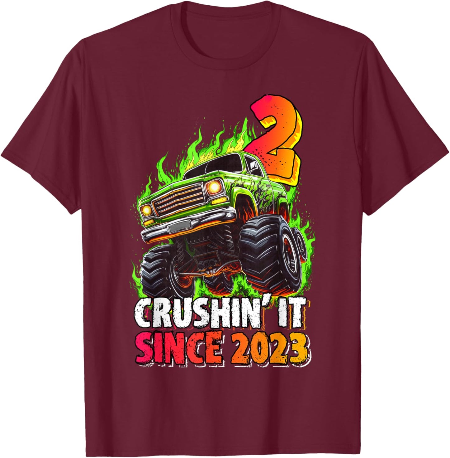 Birthday Monster Truck 2 Year Old Boys 2nd Party Born 2023 T-Shirt - T-Shirt | Maroon