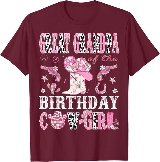 Great Grandpa Of The Birthday Cow-Girl Pink Disco Western T-Shirt - T-Shirt | Maroon