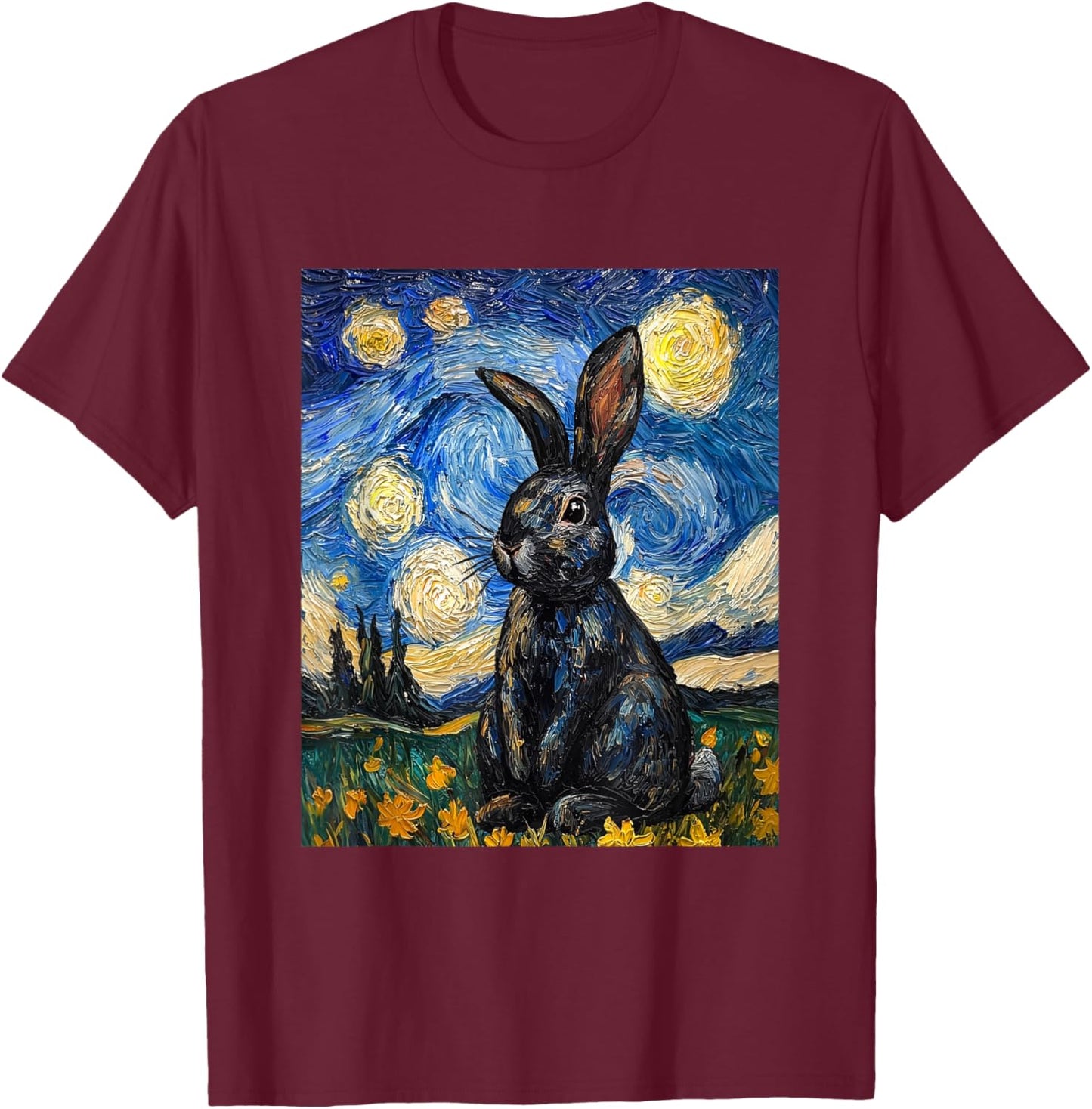 Cute Bunny Rabbit Van Gogh Style Starry Night Funny Graphic T-Shirt - T-Shirt | Maroon