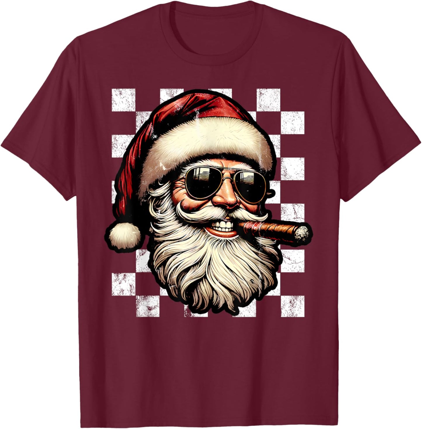 Santa Claus Is Smoking Cigar With Sunglass Smoker Christmas T-Shirt - T-Shirt | Maroon