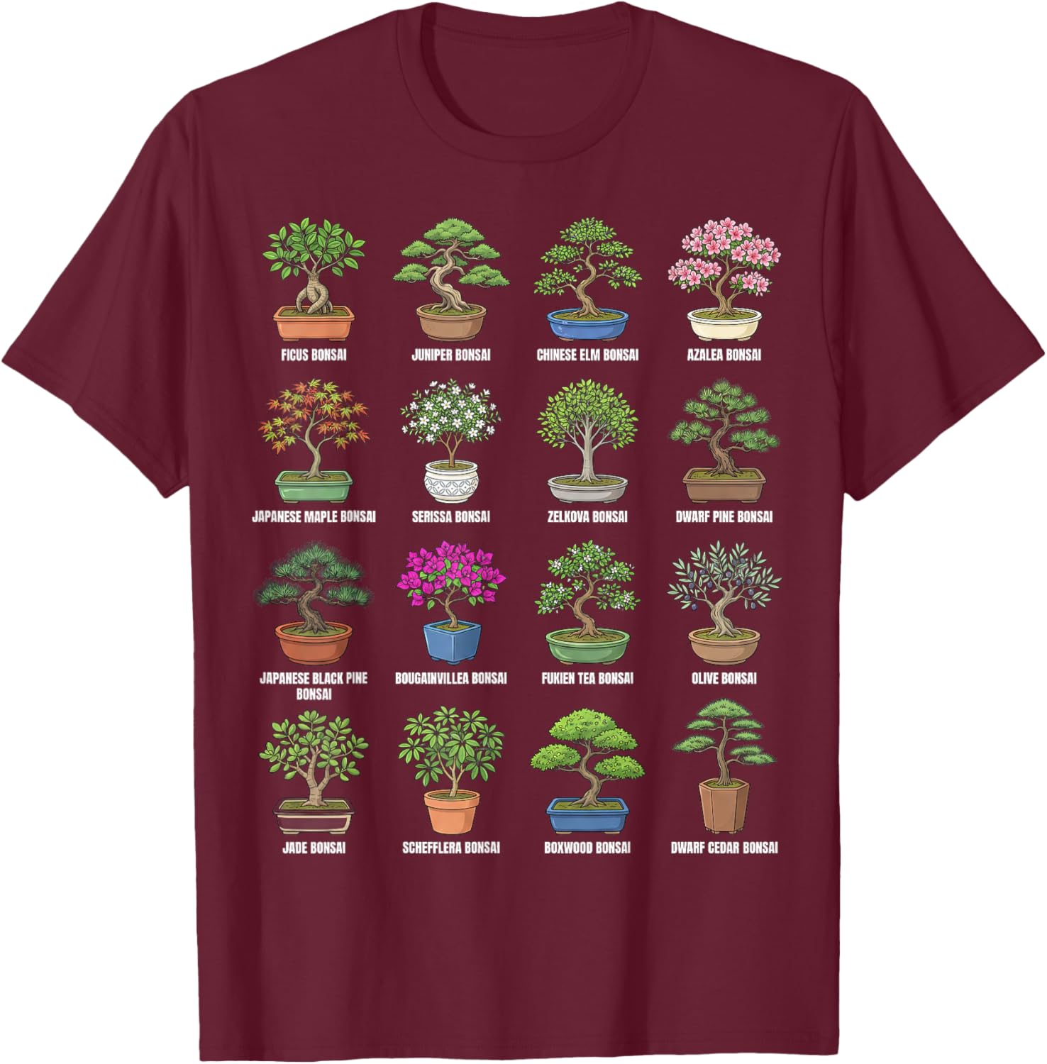 Bonsai Tree Types Botanical Chart in Plant Pots T-Shirt - T-Shirt | Maroon