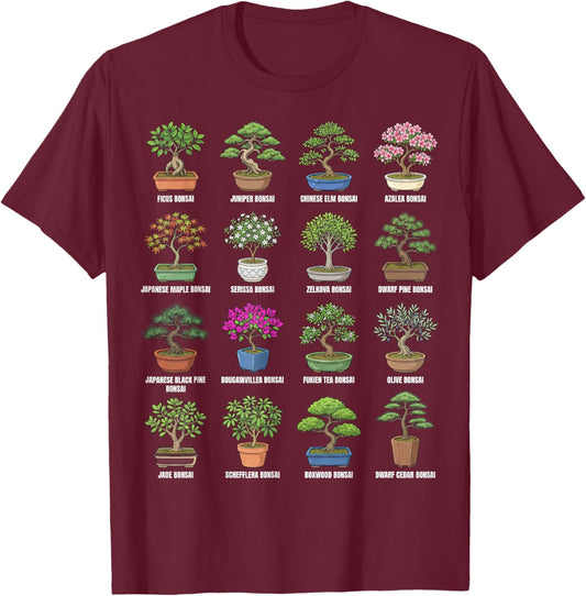 Bonsai Tree Types Botanical Chart in Plant Pots T-Shirt - T-Shirt | Maroon