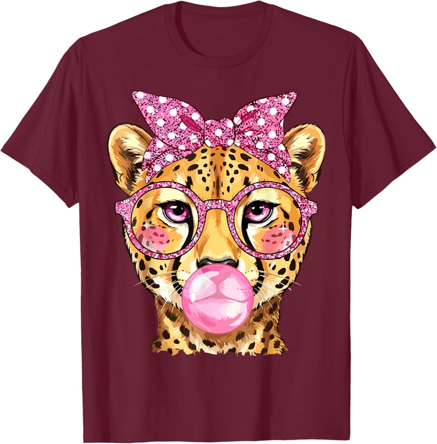 Cheetah with Glasses Bubblegum and Pink Bow T-Shirt - T-Shirt | Maroon