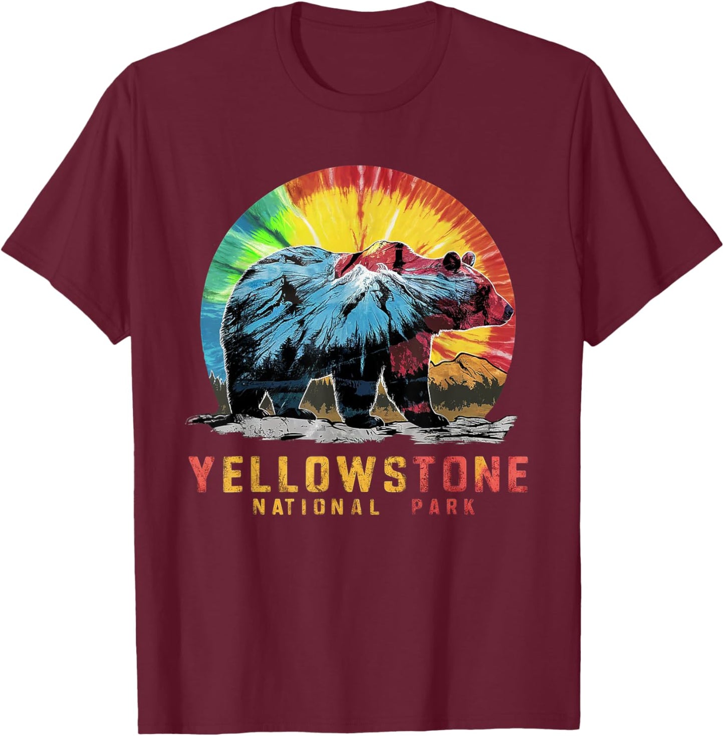 Vintage Yellowstone National Park Retro Mountains Tie Dye T-Shirt - T-Shirt | Maroon