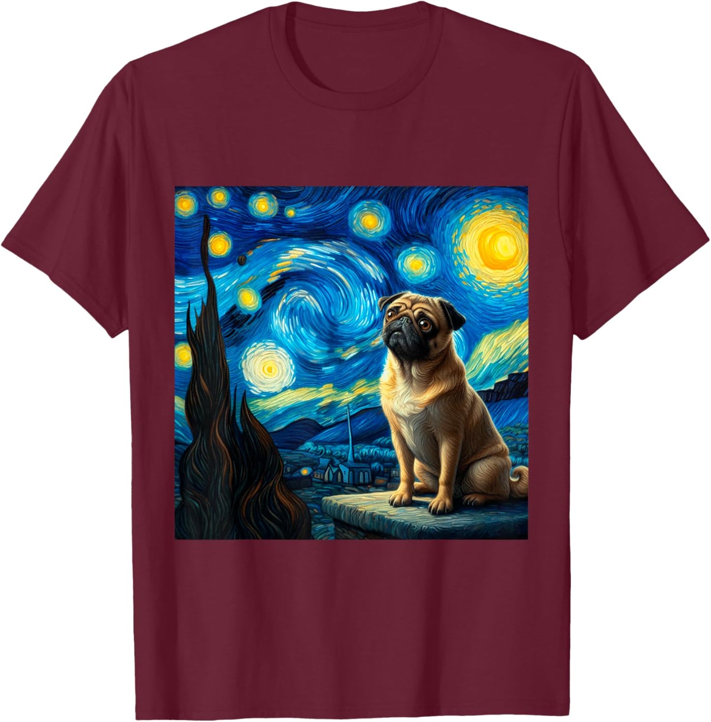 pug Vincent van Gogh Starry Night T-Shirt - T-Shirt | Maroon