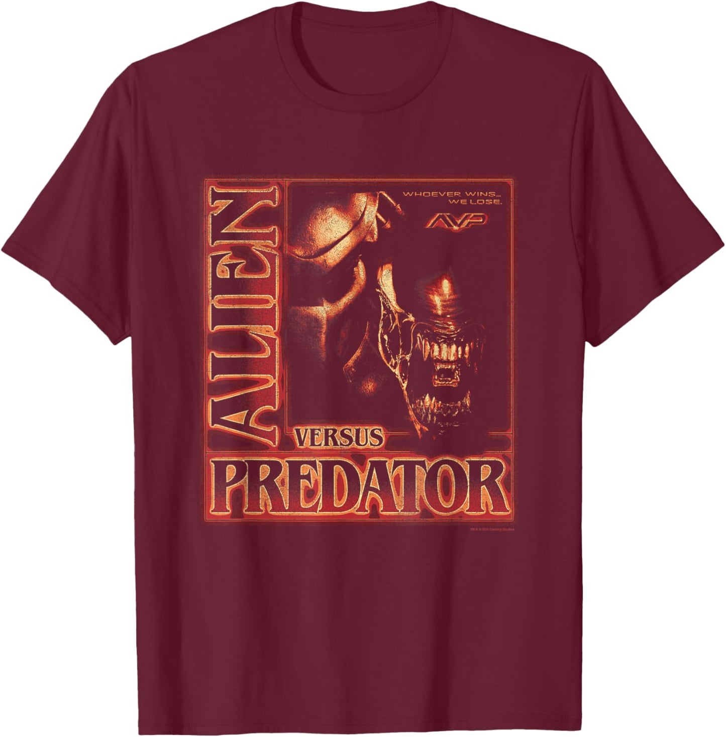 Alien Vs Predator Whoever Wins We Lose Vintage Chest Poster T-Shirt - T-Shirt | Maroon