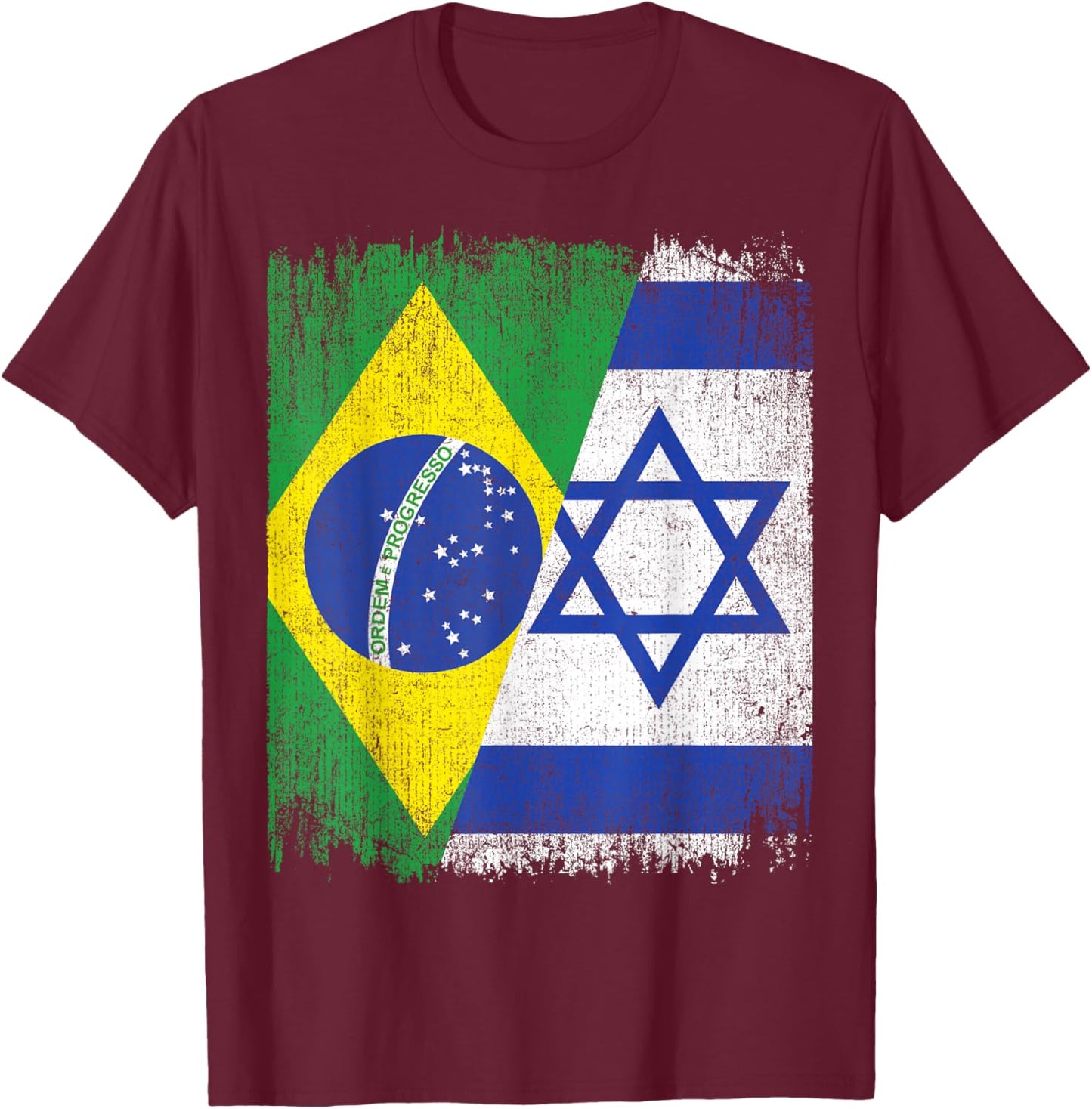 Half Brazil Israel Split Flag Brazilian Israelis Roots T-Shirt - T-Shirt | Maroon