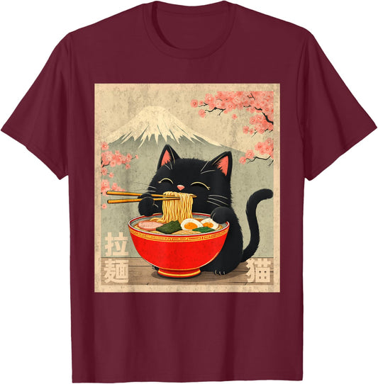 Cute Cat Eating Ramen Anime Shirts Anime Cat Eating Ramen Black Small T-Shirt - T-Shirt | Maroon