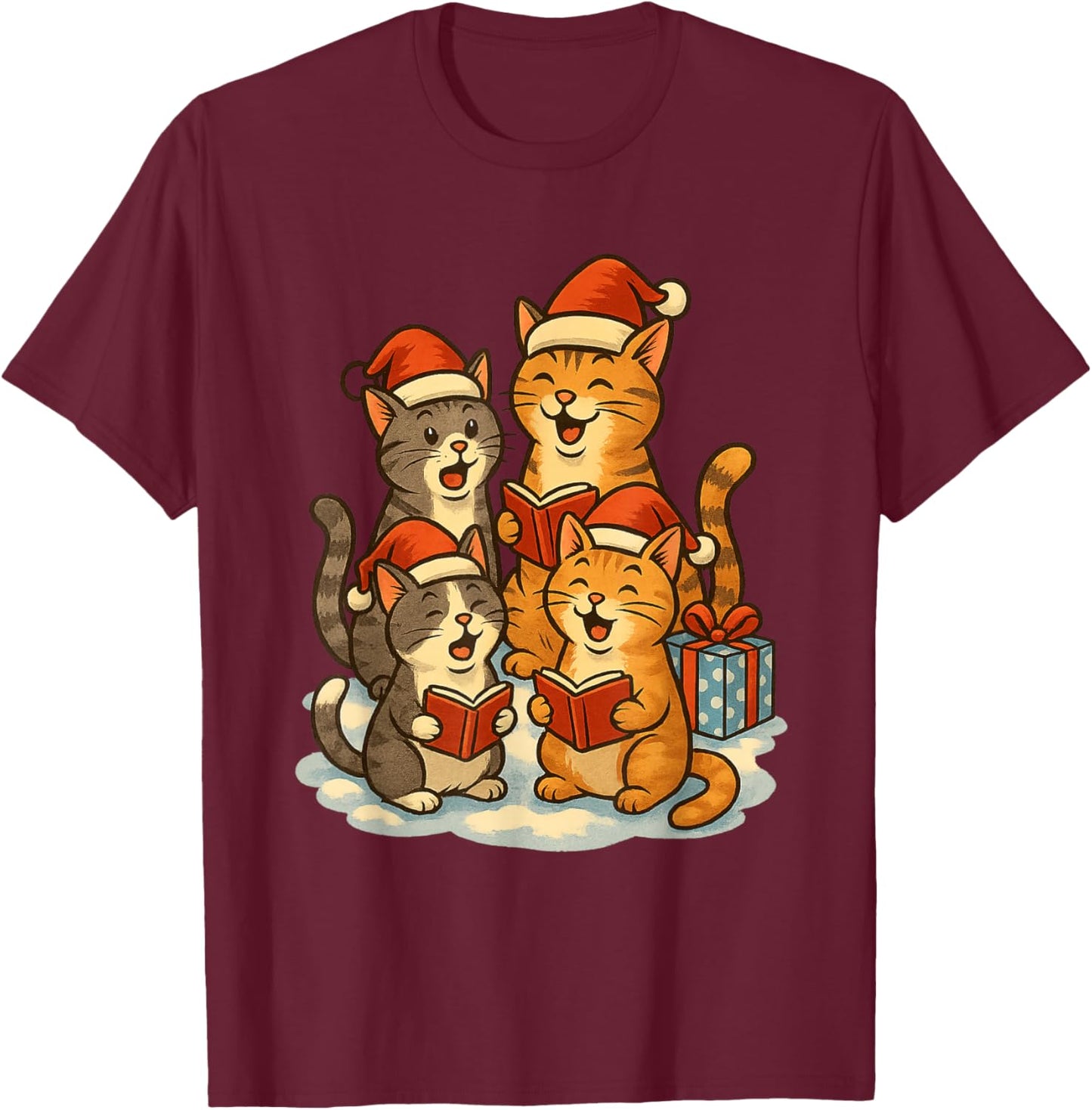 Cats Reading Books Christmas Tree T-Shirt - T-Shirt | Maroon