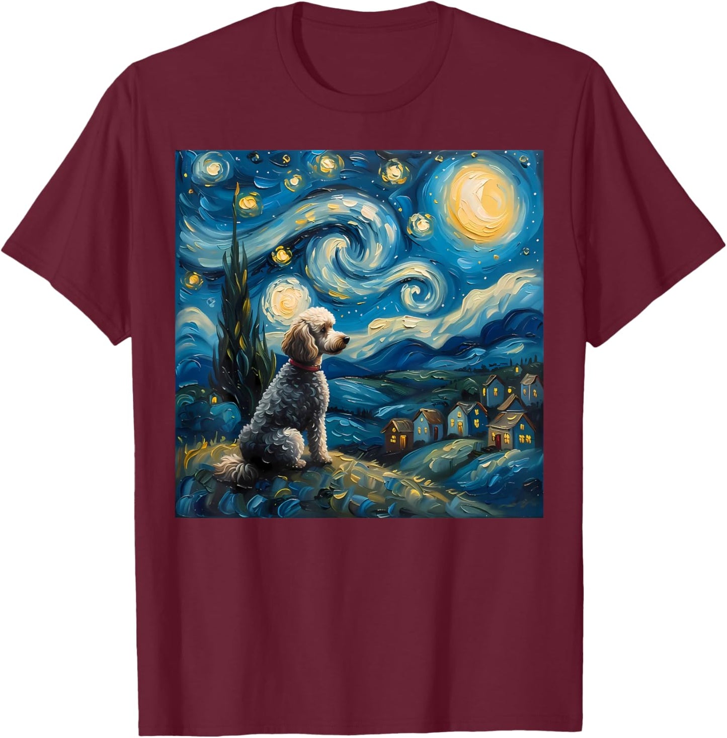 Poodle Dog Lovers The Starry Night Van Gogh Style Painting T-Shirt - T-Shirt | Maroon