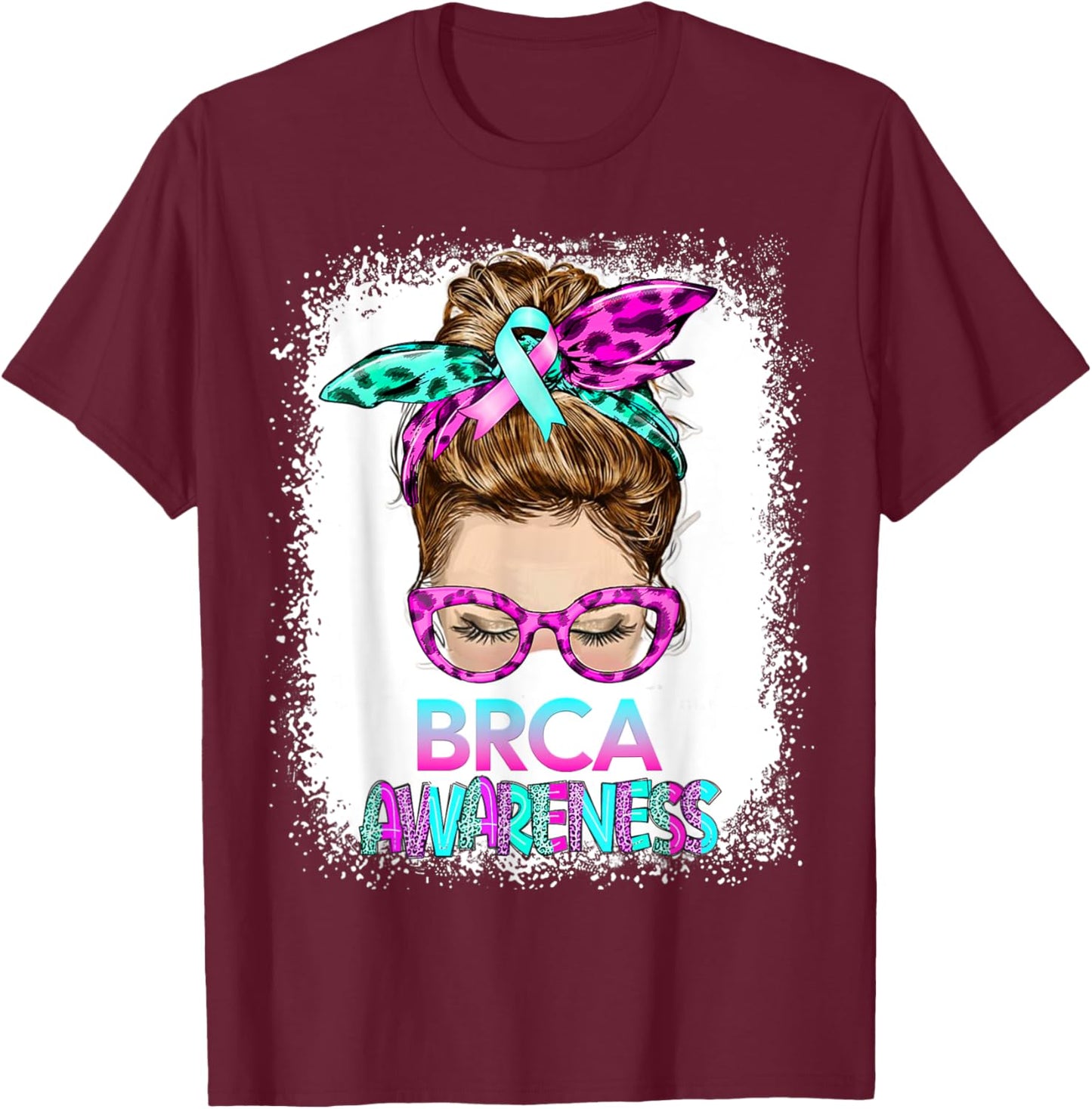BRCA Messy Bun, pink-teal Mastectomy Breast Cancer Awareness T-Shirt - T-Shirt | Maroon