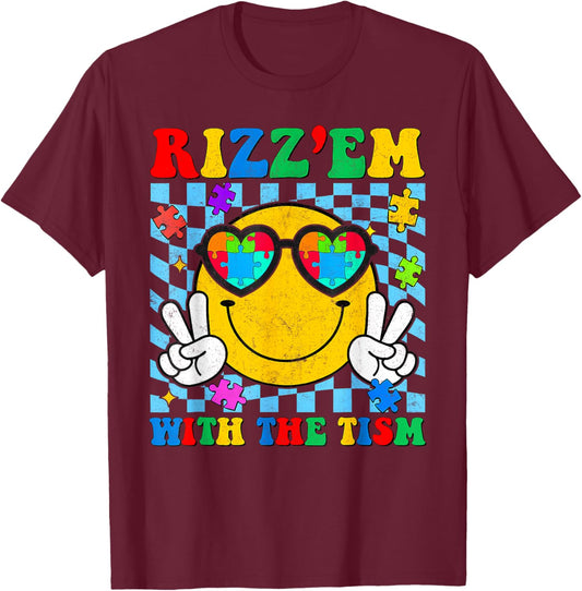 Rizz Em With The Tism Smile Autism Awareness Boys Girls Kids T-Shirt - T-Shirt | Maroon