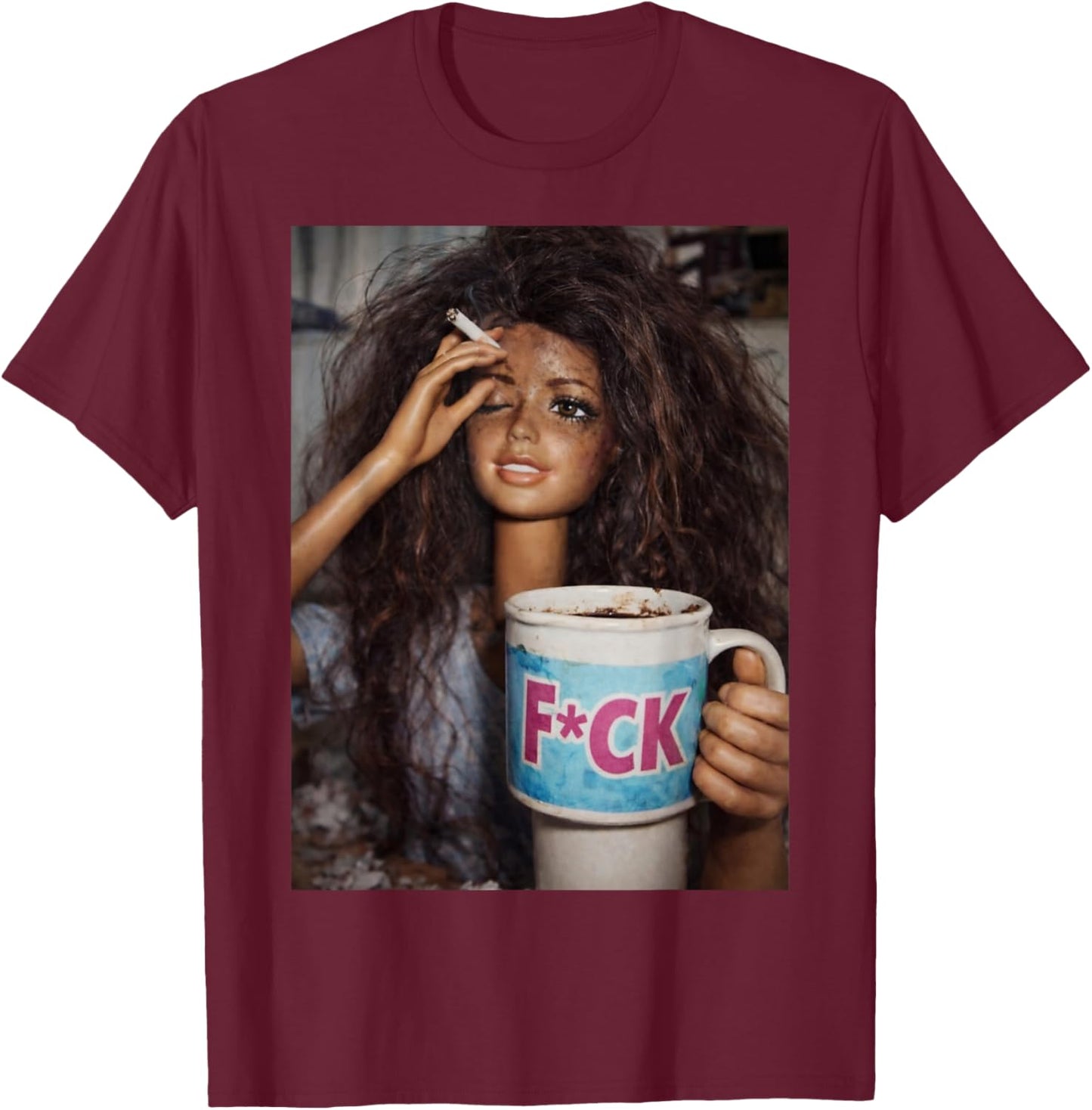 Funny Distressed Doll Face Meme Smoking Sarcastic Humor Gift T-Shirt - T-Shirt | Maroon