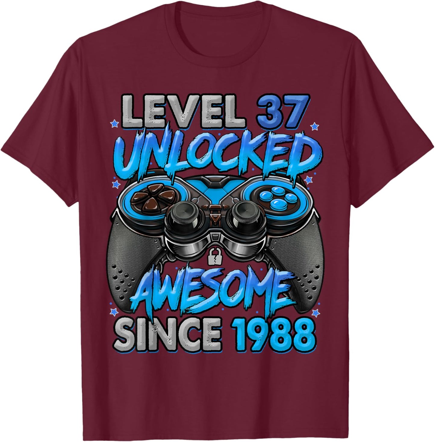 Level 37 Unlocked Awesome Since 1988 37th Birthday Gaming T-Shirt - T-Shirt | Maroon
