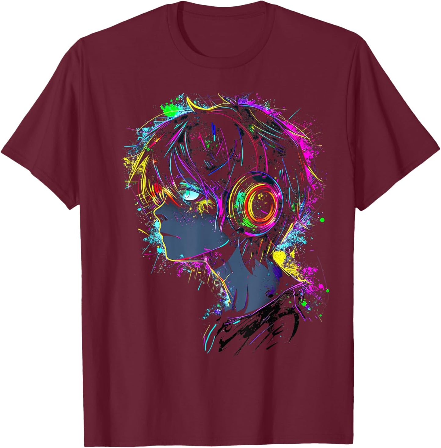 Anime Manga Graphic Headphone Illustration Anime T-Shirt - T-Shirt | Maroon