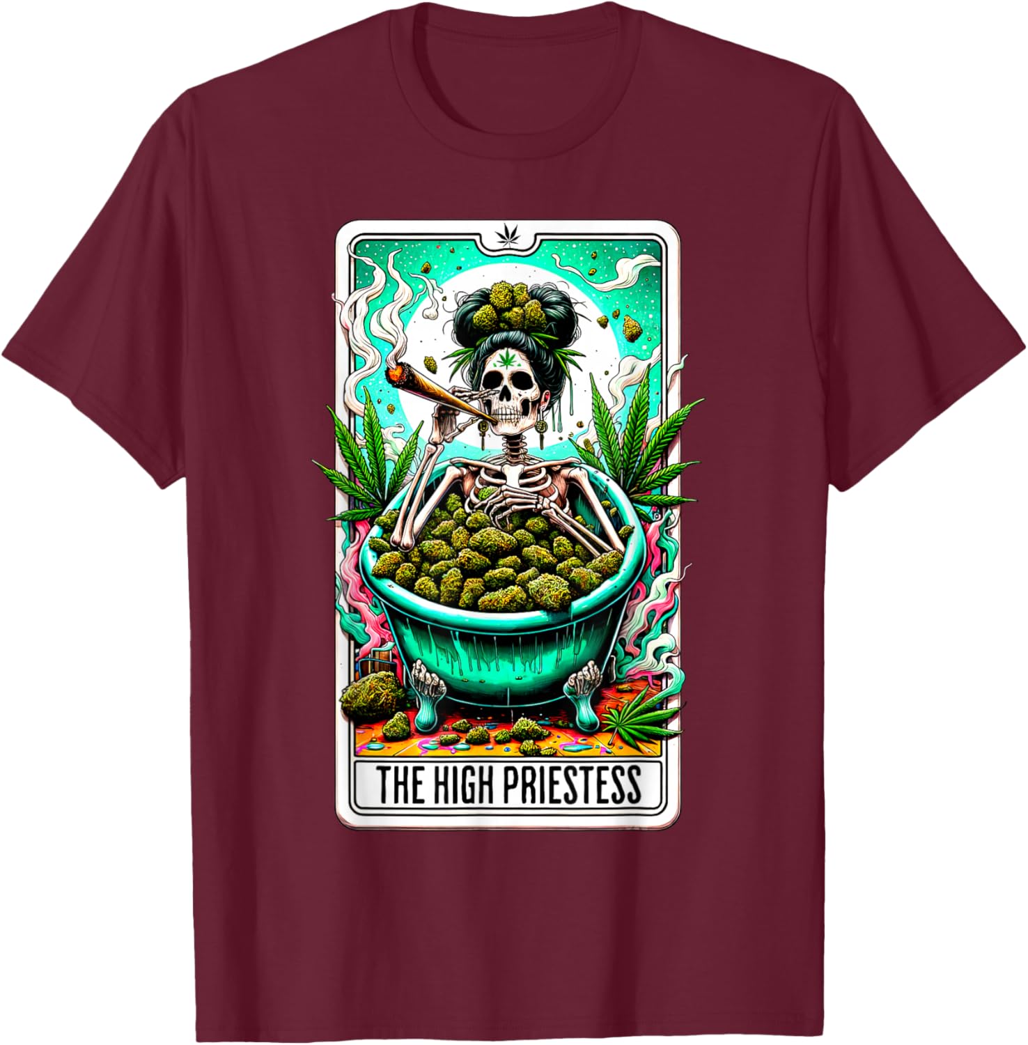 High Priestess Tarot Card 420 Cannabis Witchy Skeleton Weed T-Shirt - T-Shirt | Maroon